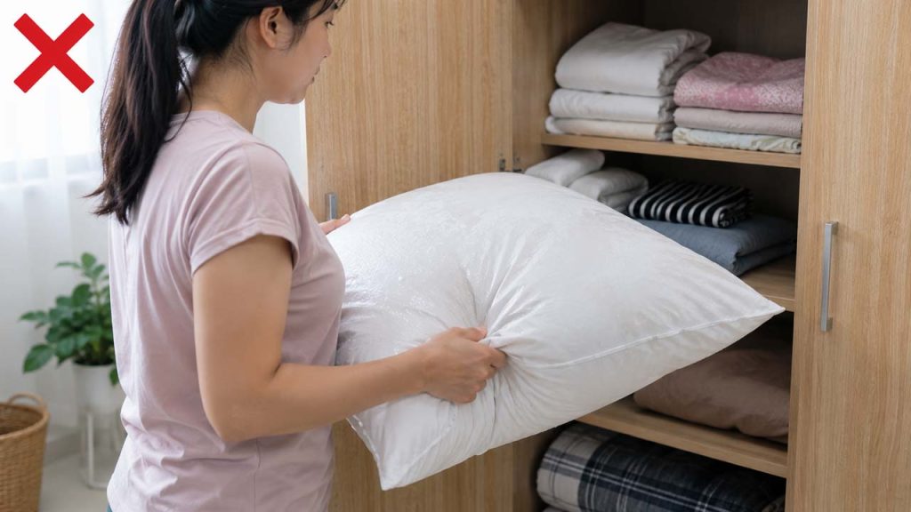 Không cất ruột gối khi còn ẩm để tránh nấm mốc