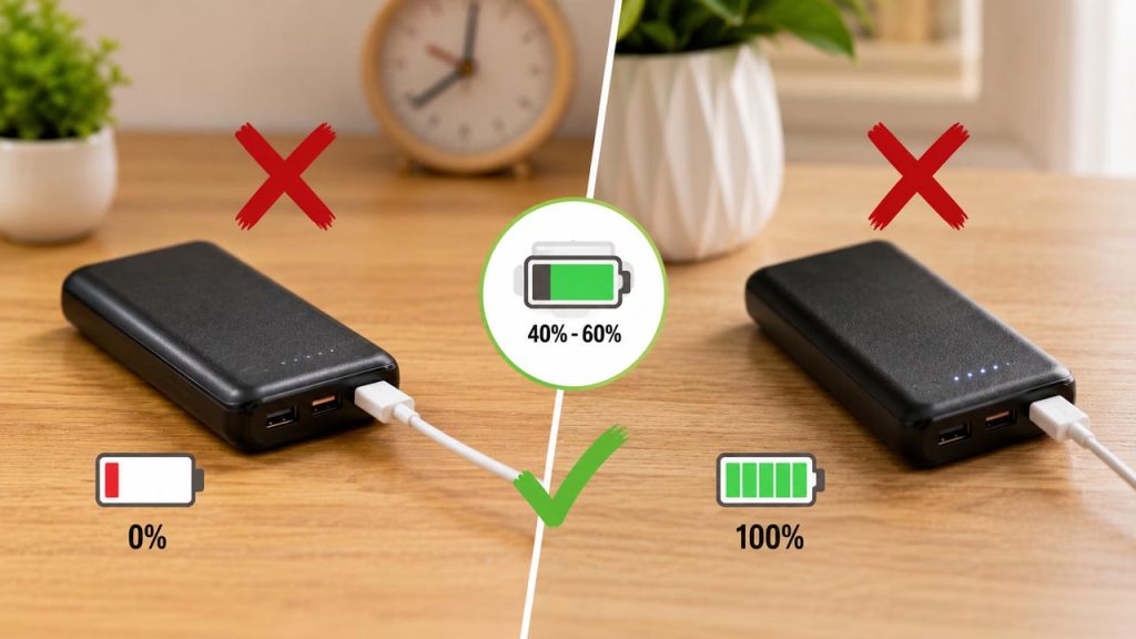 Không cất pin dự phòng khi pin cạn hoặc đầy 100%