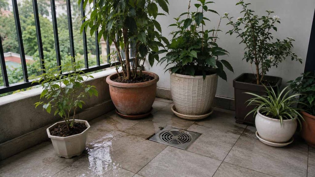 Không đặt chậu cây che kín miệng thoát nước
