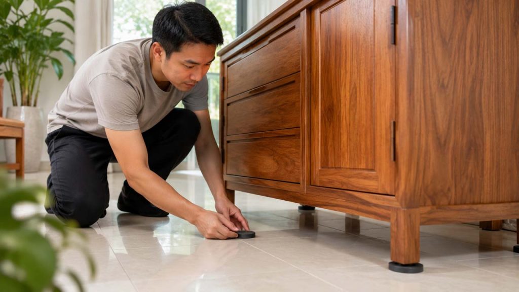 Đồ gỗ được kê cao bằng đế để tránh tiếp xúc trực tiếp với nền đất ẩm.