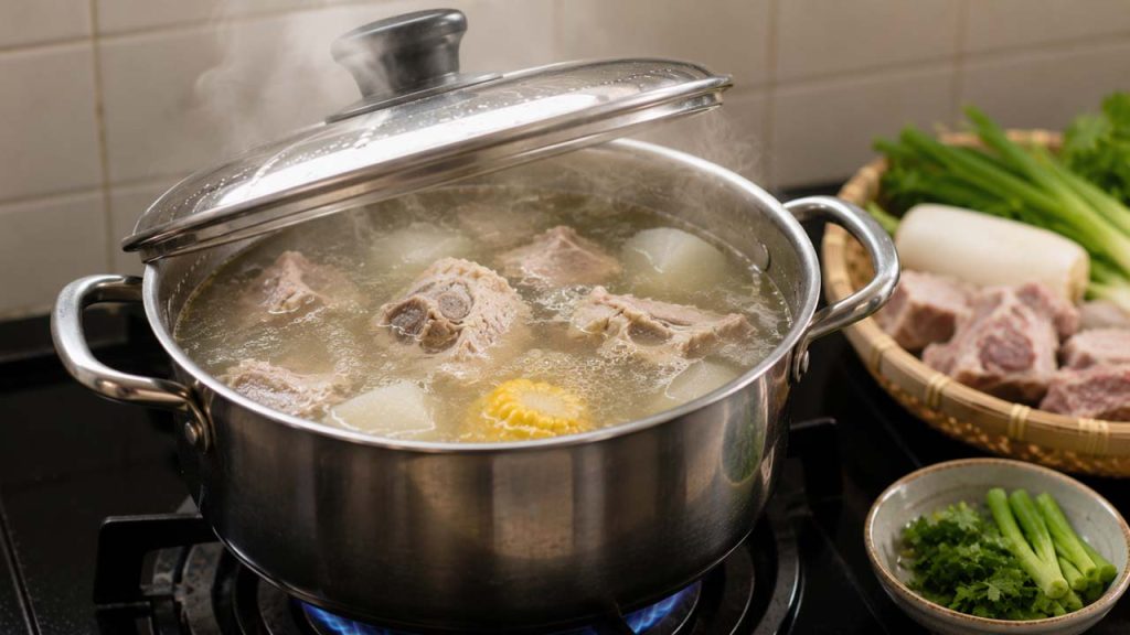 Nắp nồi được mở hé khi hầm xương để nước dùng trong hơn
