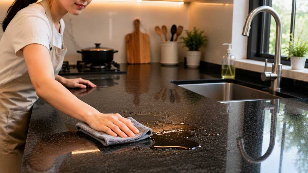 Không để nước hoặc chất lỏng đọng trên mặt đá bếp