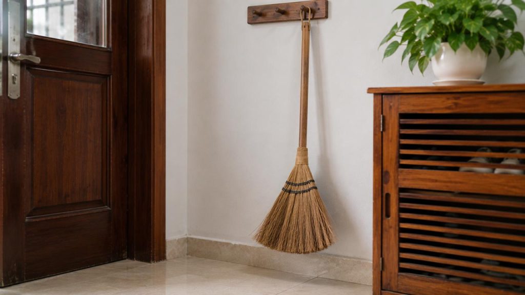 Không để đầu chổi tiếp xúc với nền nhà khi cất