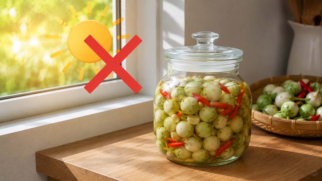 Hũ cà pháo muối cần tránh ánh nắng trực tiếp và nơi có nhiệt độ cao