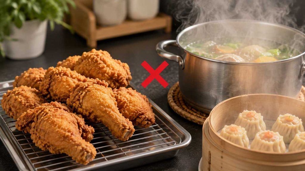 Đặt món chiên xa các món nhiều hơi nước để giữ độ giòn