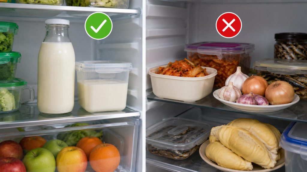 Không để sữa gần thực phẩm có mùi mạnh