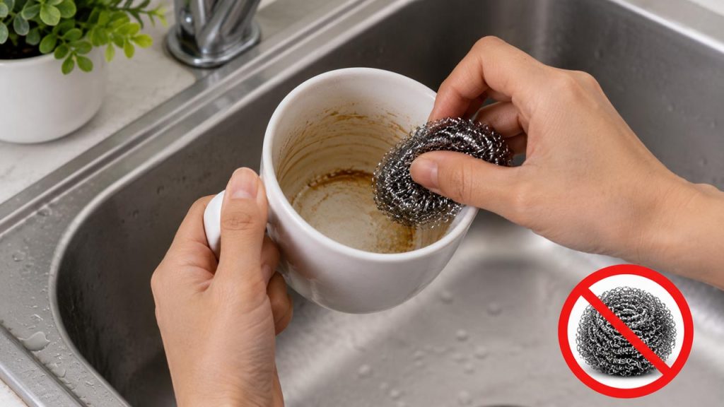Không dùng búi sắt chà mạnh lên cốc sứ