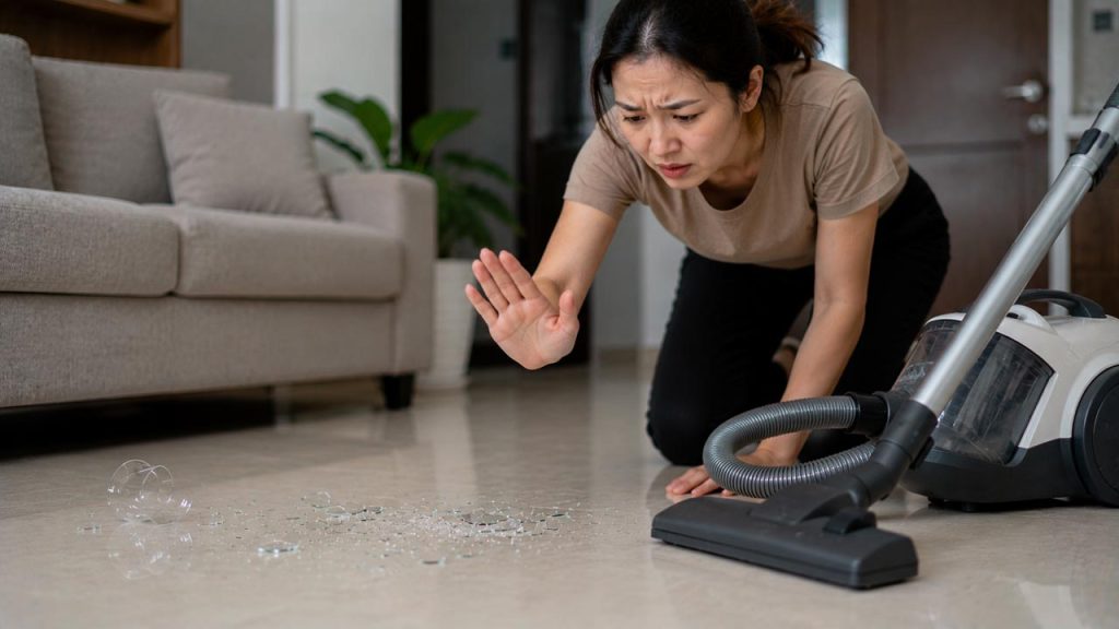 Không dùng máy hút bụi để hút mảnh kính vỡ