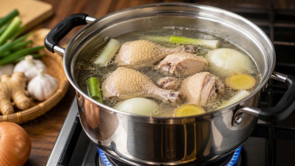 Không luộc thịt gà bằng lửa quá lớn để tránh thịt bị dai