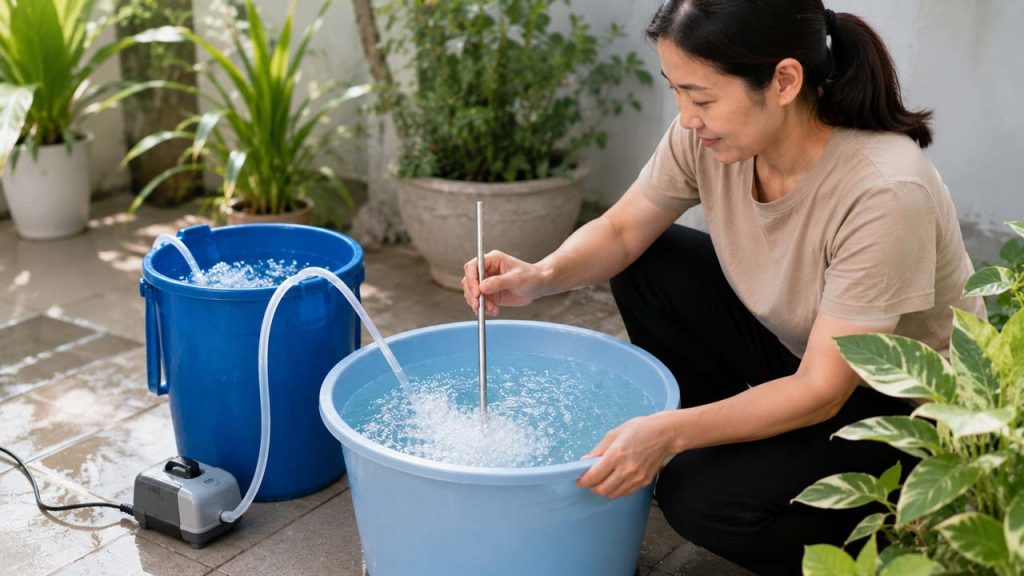 Khuấy hoặc sục khí cho nước giúp clo bay hơi nhanh hơn