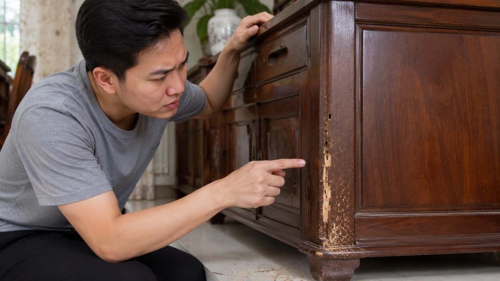Một người kiểm tra các lỗ nhỏ và bột gỗ trên đồ nội thất để phát hiện dấu hiệu mối mọt.