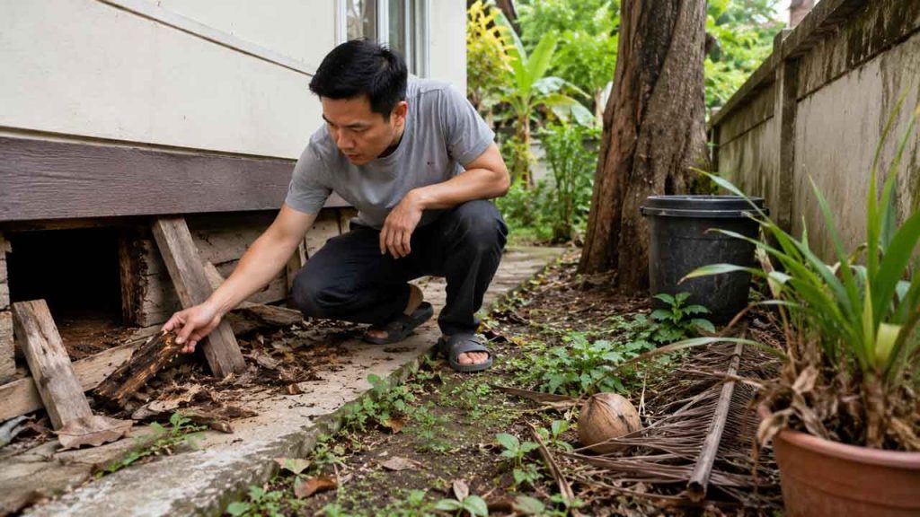 Một người kiểm tra khu vực quanh nhà, dọn gỗ mục và lá khô để hạn chế mối mọt xâm nhập.