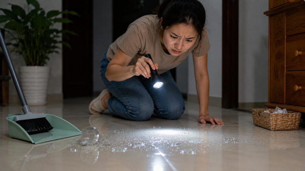 Dùng đèn pin kiểm tra mảnh kính còn sót