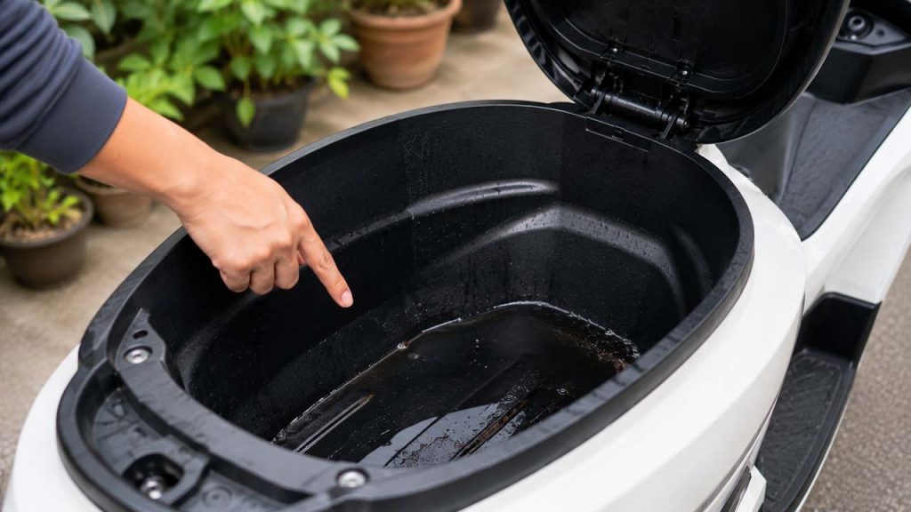 Kiểm tra nước đọng dưới đáy cốp xe máy
