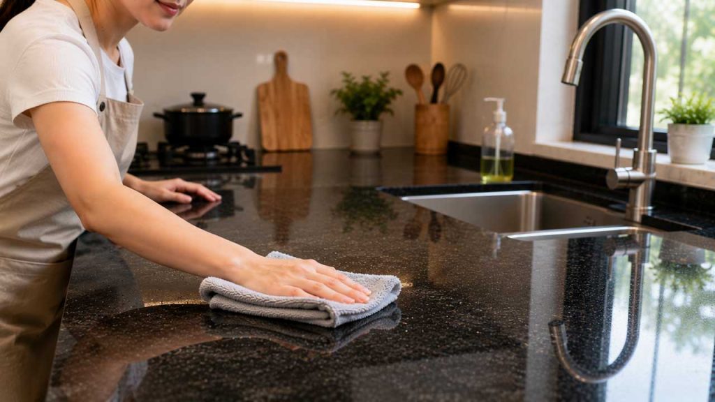 Lau khô mặt đá bếp sau khi vệ sinh