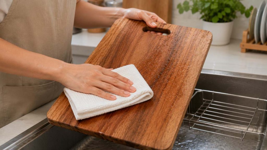Lau khô thớt gỗ trước khi cất