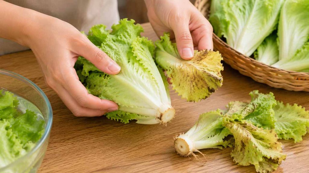 Loại bỏ lá già và phần gốc của rau trước khi rửa