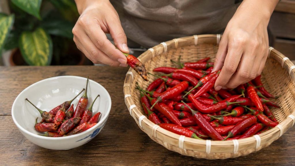 Loại bỏ những quả ớt bị dập hoặc hư trước khi bảo quản