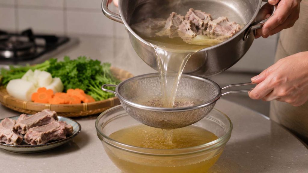 Lọc nước dùng qua rây để loại bỏ cặn và giúp nước canh trong hơn