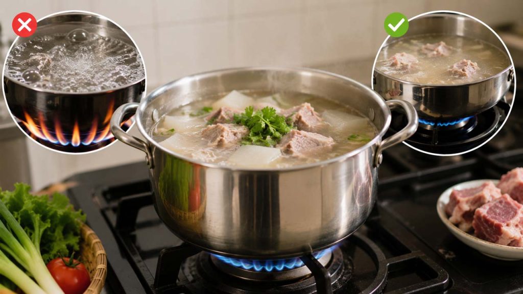 Nồi canh được đun với lửa vừa và sôi nhẹ thay vì sôi mạnh