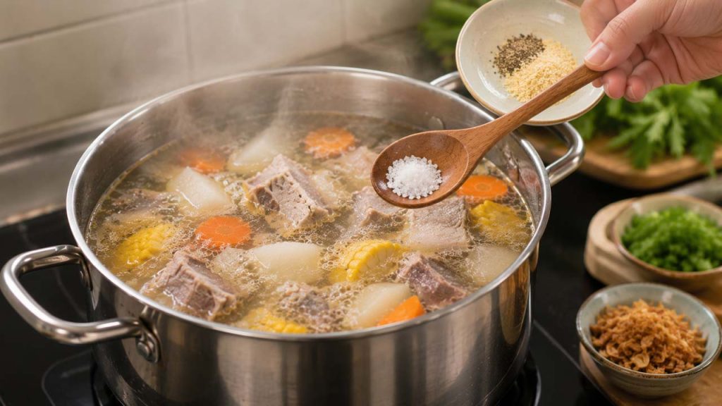 Nêm gia vị vào nồi canh khi các nguyên liệu đã gần chín