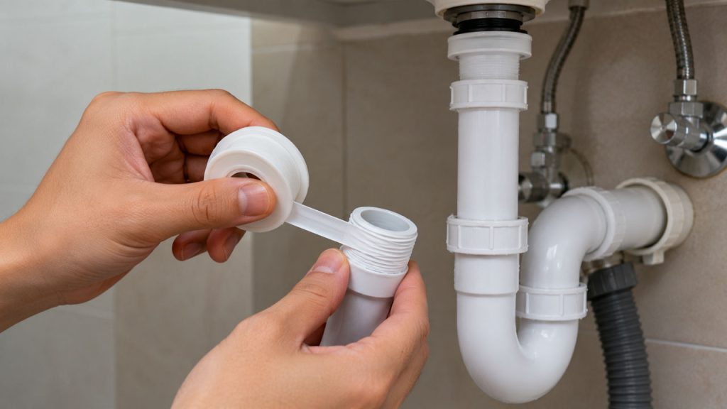 Quấn băng keo non cho ren ống thoát nước bồn rửa mặt