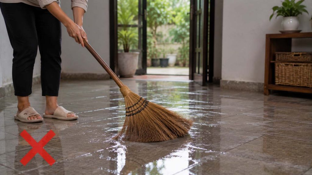Không quét nền nhà còn quá ướt để tránh chổi quét nhà bị xòe lông