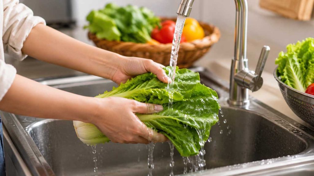 Rửa rau dưới vòi nước chảy để loại bỏ bụi bẩn và dư lượng bám trên bề mặt