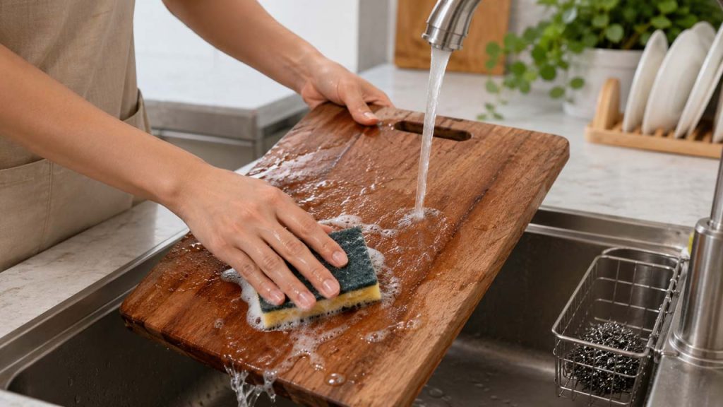 Rửa sạch thớt gỗ ngay sau khi sử dụng
