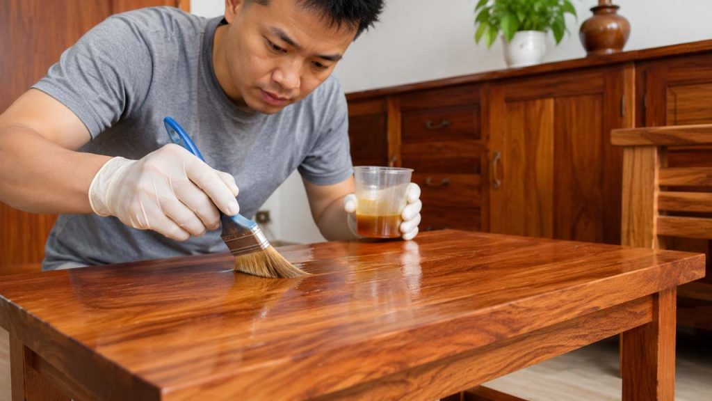 Một người phủ lớp sơn bảo vệ lên bề mặt đồ gỗ để hạn chế mối mọt và tăng độ bền.