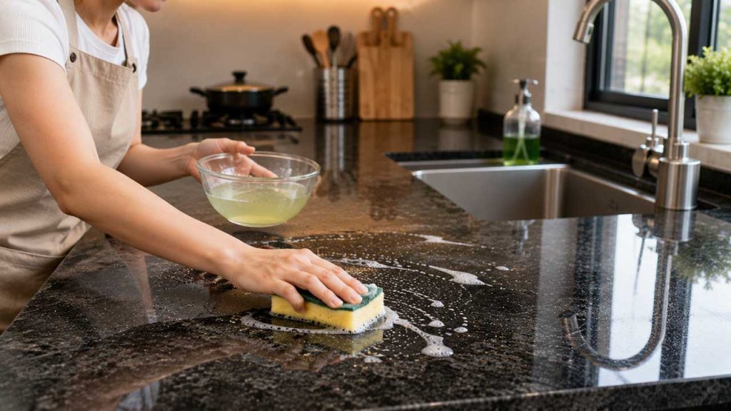 Sử dụng nước rửa chén pha loãng để vệ sinh mặt đá bếp