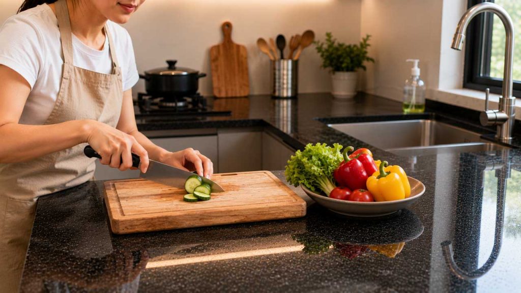 Luôn sử dụng thớt khi chế biến thực phẩm trên mặt đá bếp