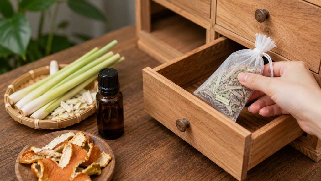 Đặt tinh dầu thiên nhiên trong ngăn tủ gỗ để hỗ trợ xua mối mọt.