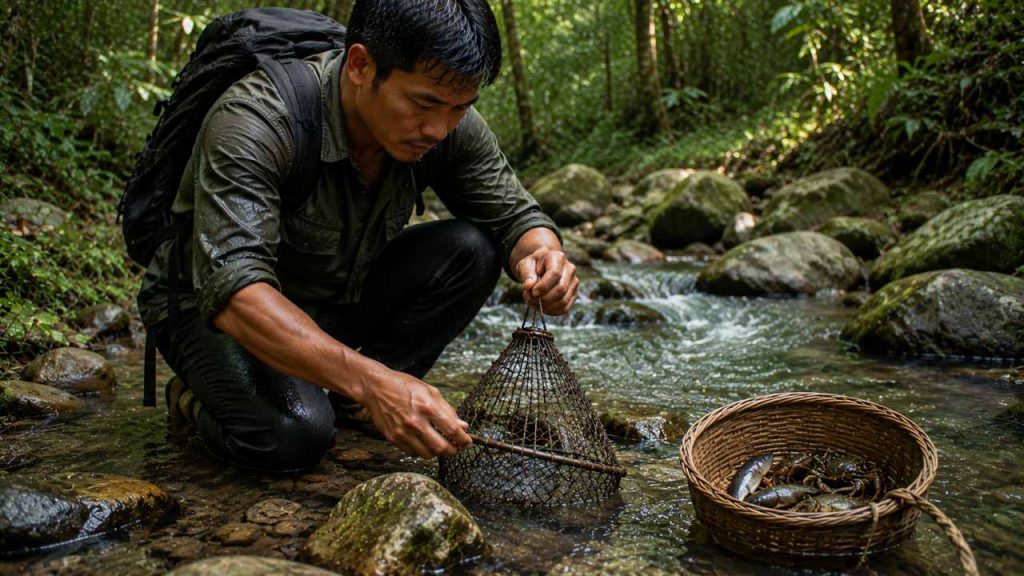 Bắt cá hoặc cua suối làm nguồn thức ăn khi bị lạc