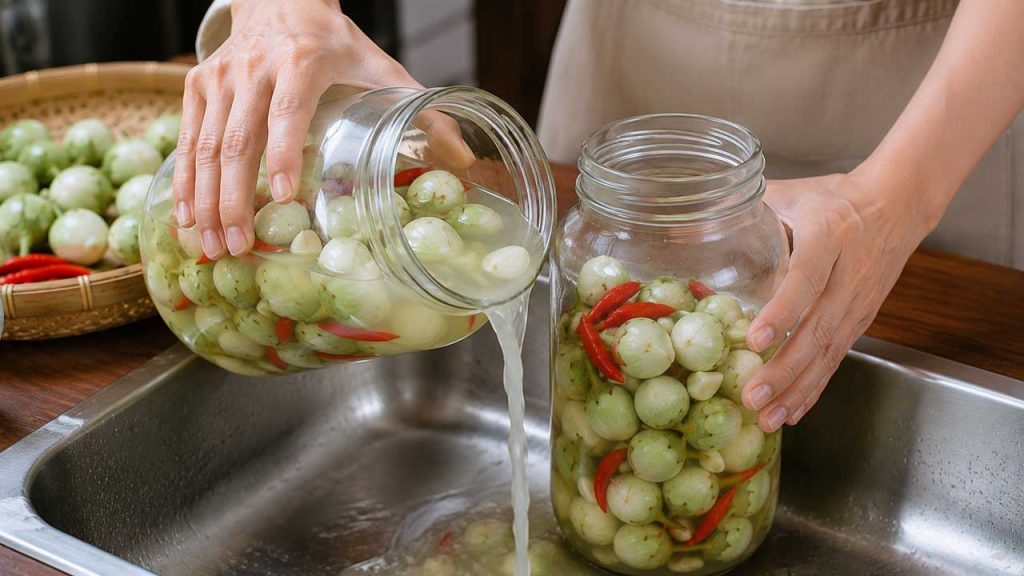 Loại bỏ nước muối cà pháo bị đục và thay bằng nước muối mới