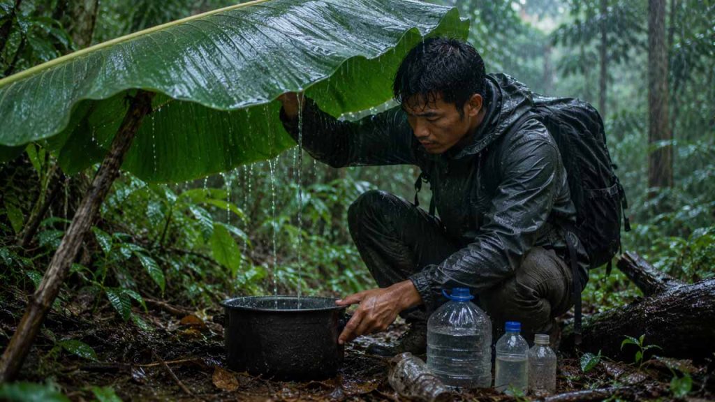 Thu gom nước mưa để sử dụng khi bị lạc trong rừng
