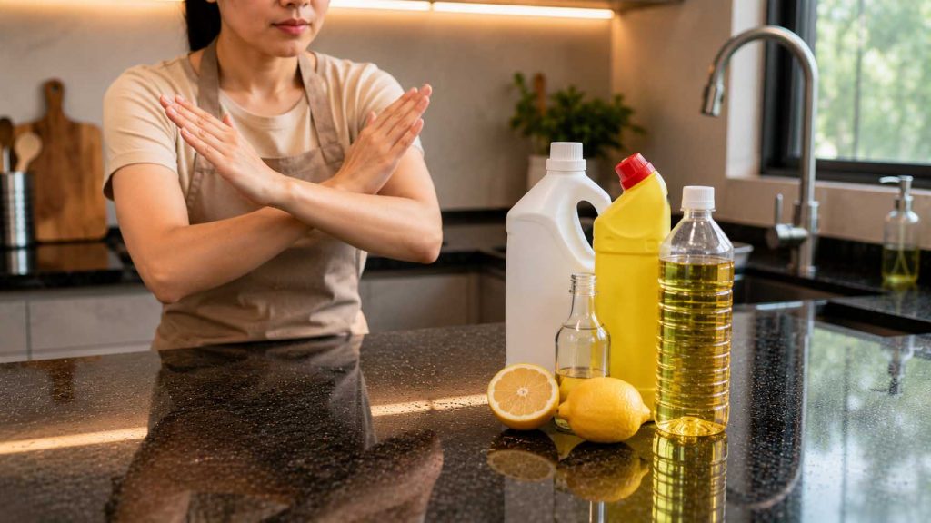 Tránh sử dụng hóa chất có tính axit mạnh trên mặt đá bếp