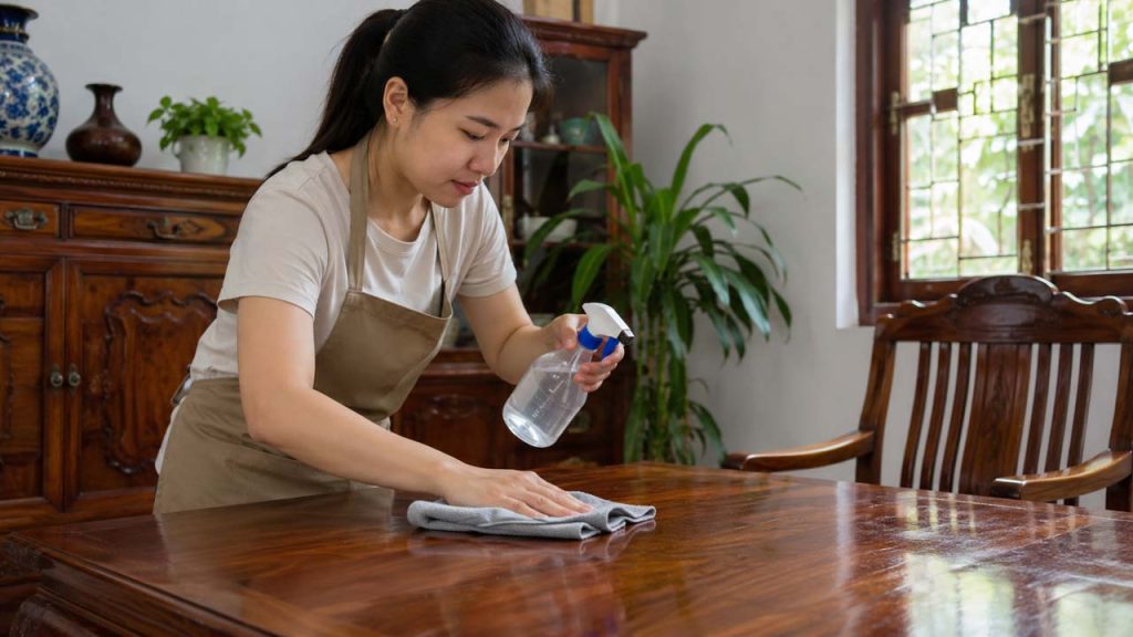 Một người lau sạch bề mặt đồ gỗ bằng khăn mềm để loại bỏ bụi bẩn và hạn chế mối mọt.