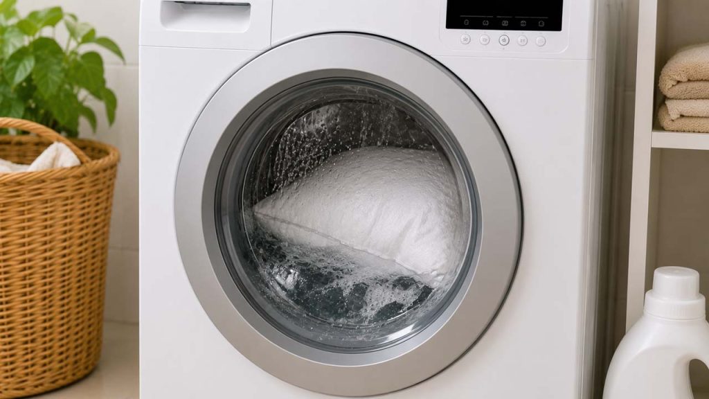 Xả sạch nước giặt khỏi ruột gối sau khi giặt