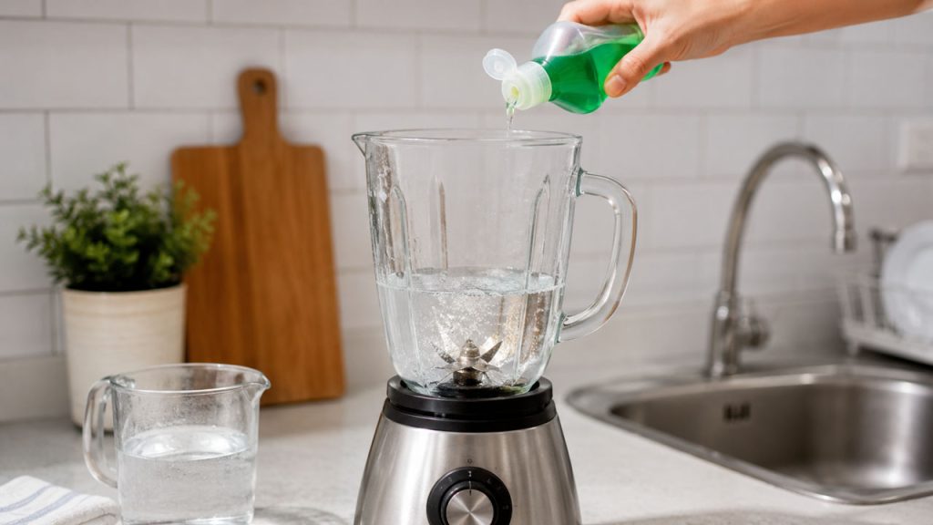 Xay nước ấm cùng nước rửa chén để làm sạch máy xay sinh tố
