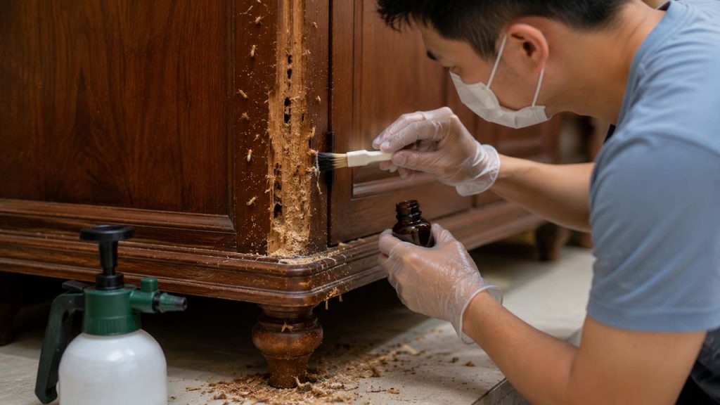 Một người sử dụng dung dịch chuyên dụng để xử lý khu vực đồ gỗ bị mối mọt.