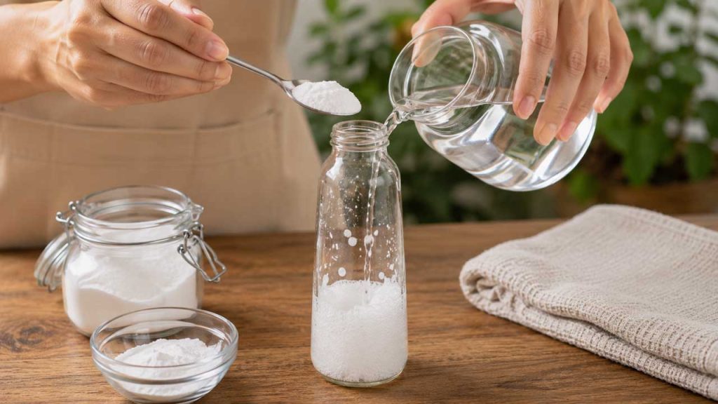 Baking soda kết hợp giấm trắng giúp làm sạch chai thủy tinh cổ nhỏ