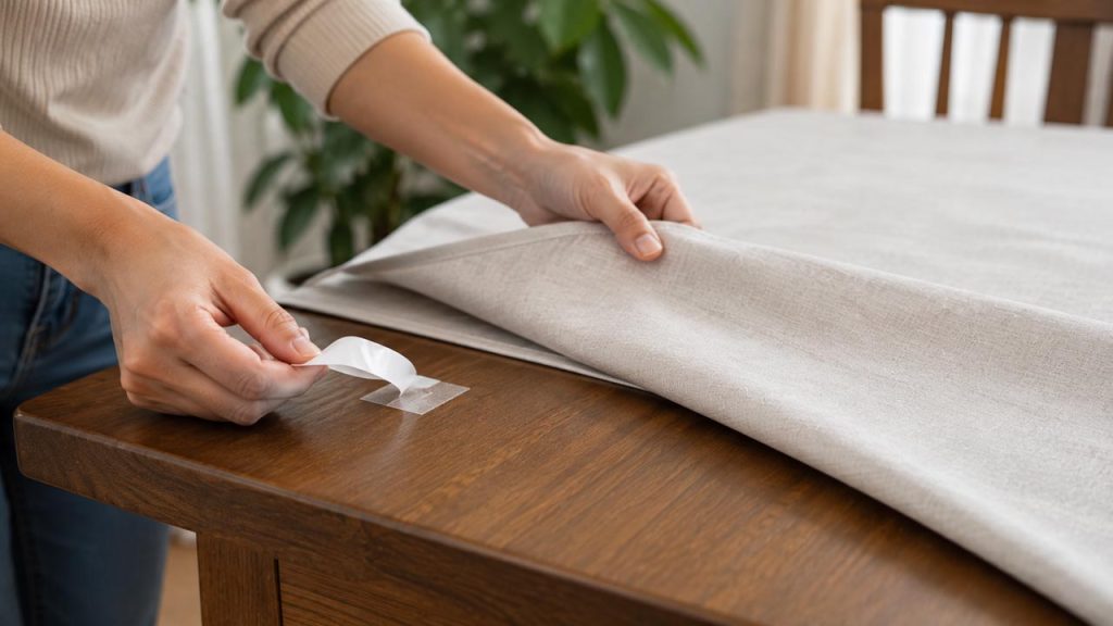 Dùng băng dính hai mặt cố định khăn trải bàn