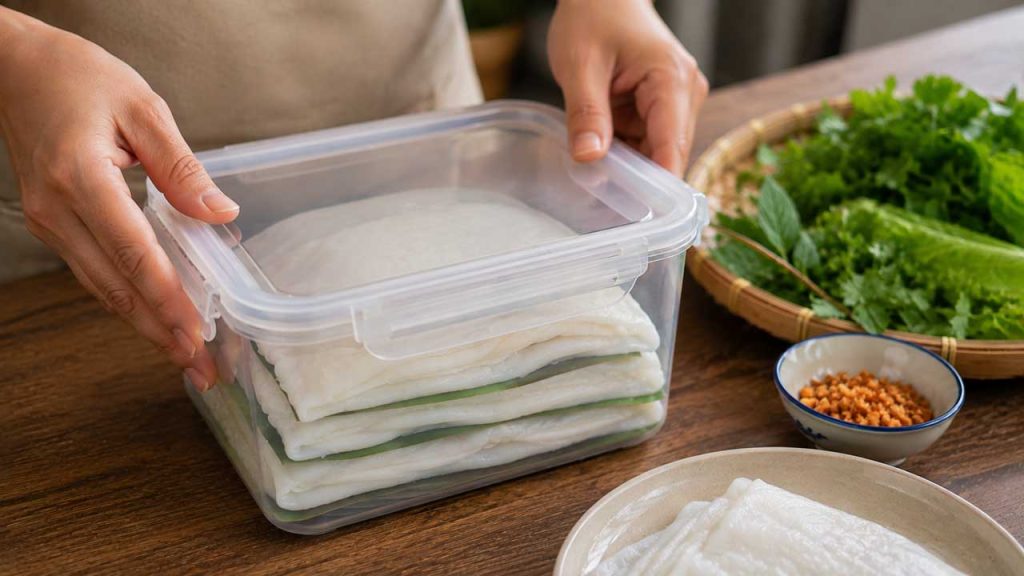 Bảo quản bánh ướt trong hộp kín để giữ độ ẩm và vệ sinh