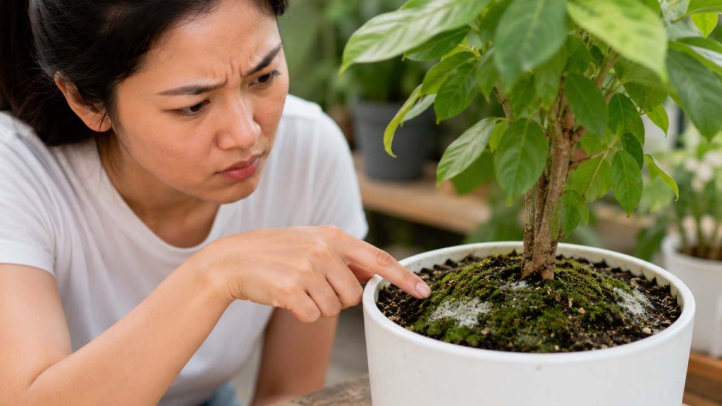 Bề mặt đất trồng xuất hiện rêu và nấm