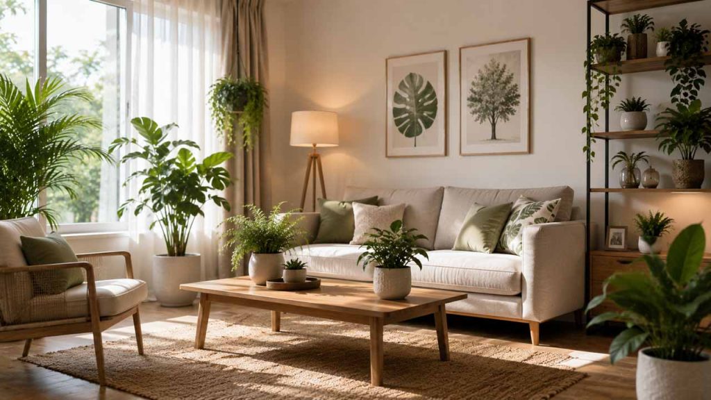 Nhiều chậu cây xanh được bố trí trong phòng khách hiện đại.
