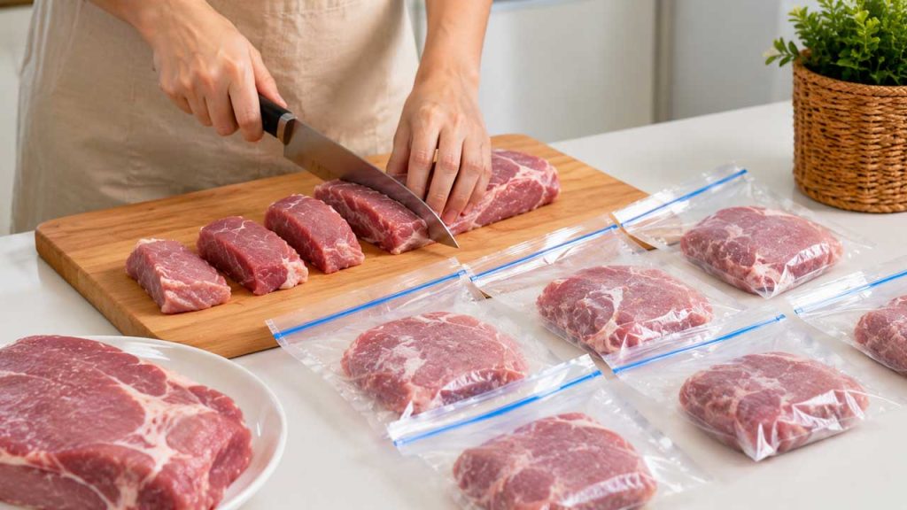 Thịt được chia thành nhiều phần nhỏ trước khi đưa vào tủ đông