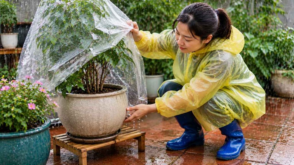 Chăm sóc chậu cây trong mùa mưa để hạn chế rêu xanh