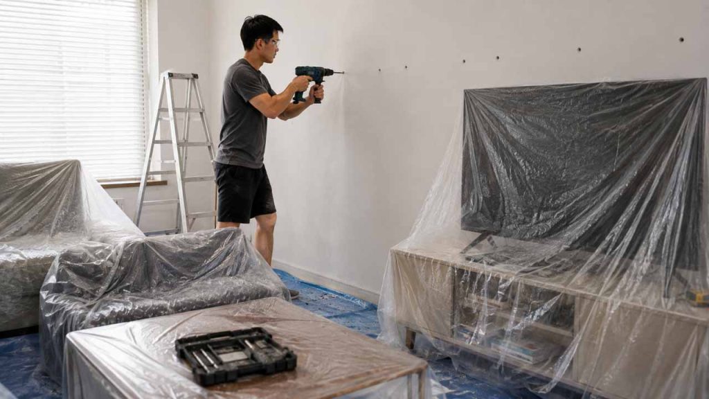 Che chắn đồ đạc trước khi khoan nhiều lỗ trên tường