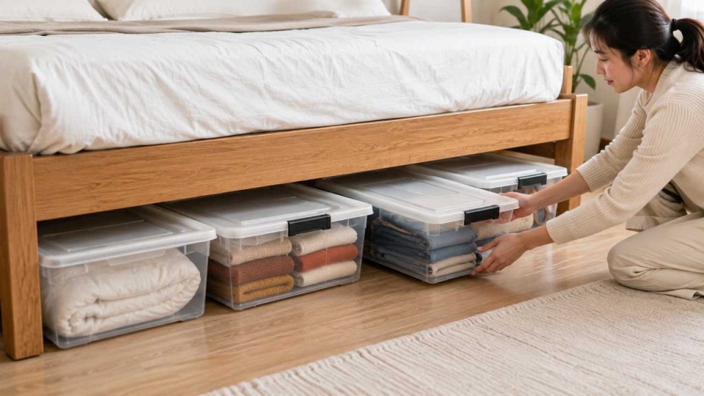 Phân chia khu vực lưu trữ đồ dưới gầm giường gọn gàng